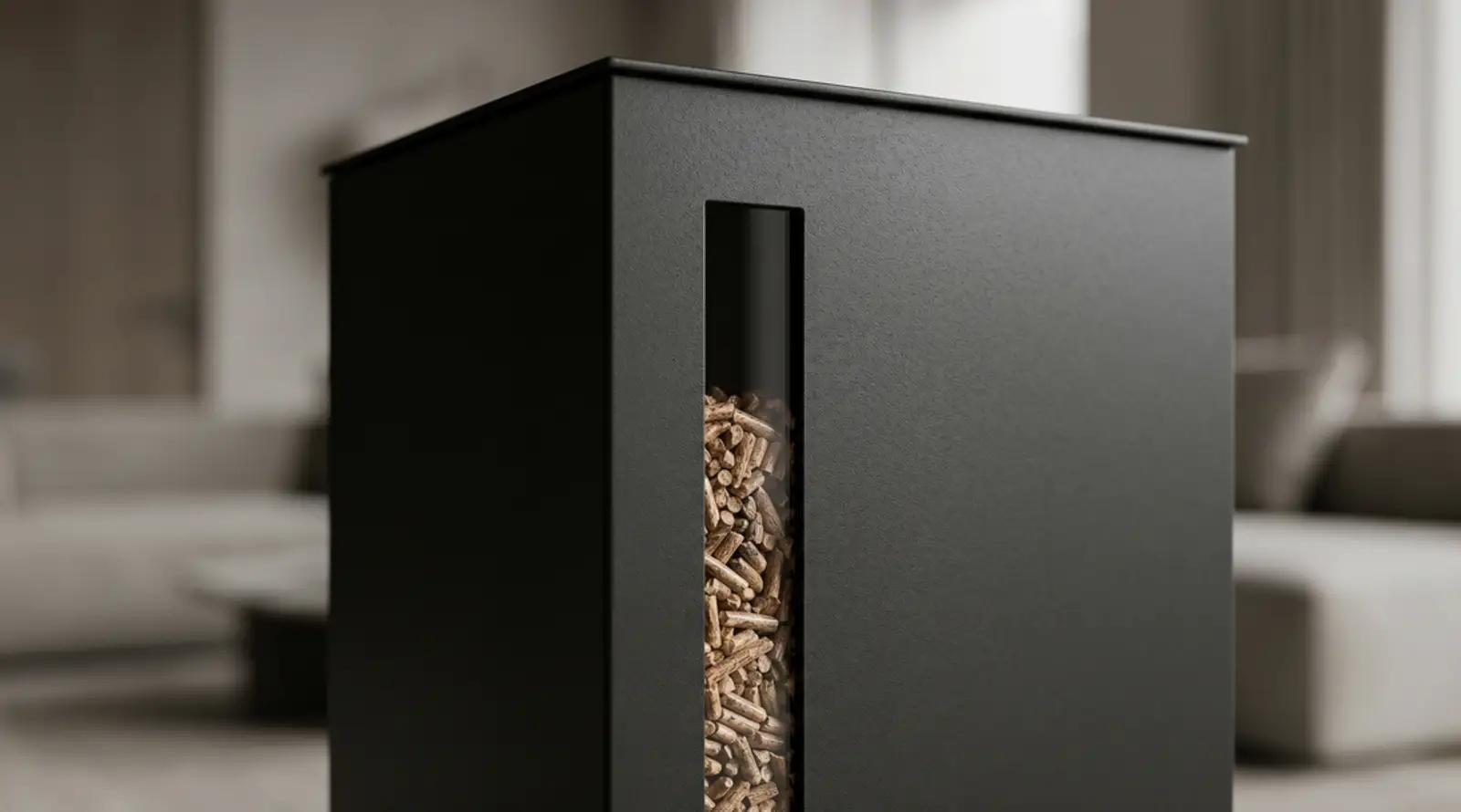 Réservoir à granulés Malo Melo placé à côté d’un poêle à pellets